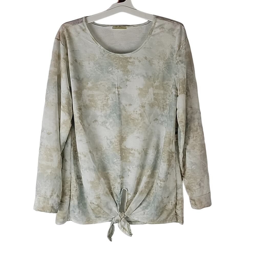 Bobbie Brooks Blouse w Frnt Waist Tie, Wht w Tan & Blue Splatter, Sz 1X, NWT
